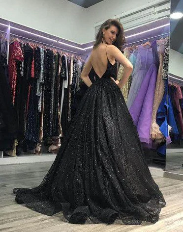 Spaghetti Straps Black Split A-Line Sequined Prom Dress – Sassymyprom