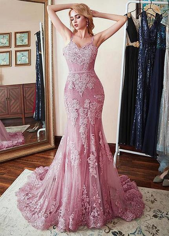 Pink Tulle Spaghetti Straps Mermaid Prom Dress