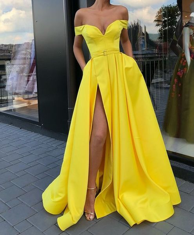 Off the Shoulder Satin Yellow Prom Dress With Belt