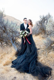 Black Ball Gown Tulle Strapless A-Line Wedding Dress With Train