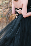 Black Ball Gown Tulle Strapless A-Line Wedding Dress With Train
