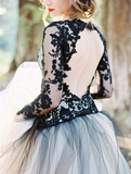 Long Sleeve Black Lace Appliques V-neck Ball Gown Tulle Wedding Dress