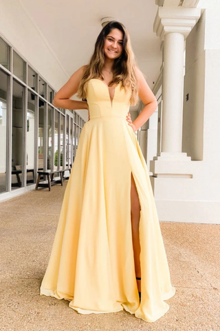 Sweetheart Long Satin Light Yellow Prom Dress With Slit Custom Made / Champagne Sweetheart Long Satin Light Yellow Prom Dress With Slit Custom Made / Champagne