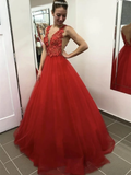 Floor Length Appliques Red V Neck Tulle Backless Flower Prom Dress