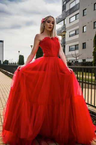 Floor Length Red Tulle Sweetheart Long Prom Dress