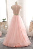 Pink See Through Tulle Beading Strapless Two Piece Prom Dress