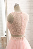Pink See Through Tulle Beading Strapless Two Piece Prom Dress