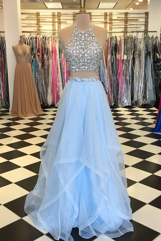 Halter Two Piece Beading Blue Ruffles Tulle Prom Dress