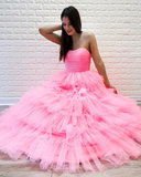 Pink Long Tulle Formal Strapless Layered Prom Dress