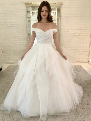 Off The Shoulder Puffy Tulle White Long Prom Dress
