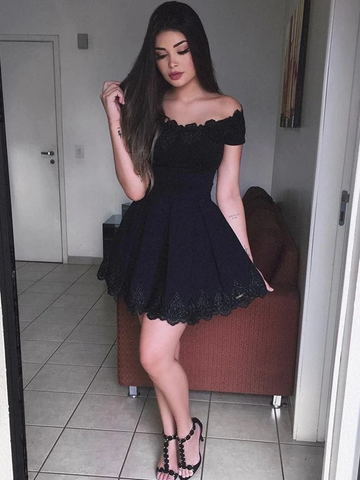 Off Shoulder Short Sleeves Black Lace Homecoming Dress