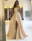 Champagne Satin Criss Cross Backless Long Prom Dress With Slit