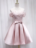 Cute Pink Off The Shoulder Appliques Satin Homecoming Dress With Bow
