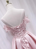 Cute Pink Off The Shoulder Appliques Satin Homecoming Dress With Bow