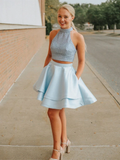 High Neck Satin Beading Two Piece Blue Homecoming Dress