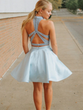 High Neck Satin Beading Two Piece Blue Homecoming Dress
