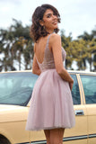 Blush Pink Backless Sequin Homecoming Dress