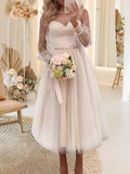 Long Sleeve Scoop Tea Length Tulle Wedding Dress
