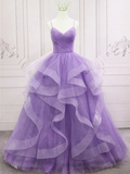 V Neck Open Back Fluffy Purple Tulle Long Prom Dress