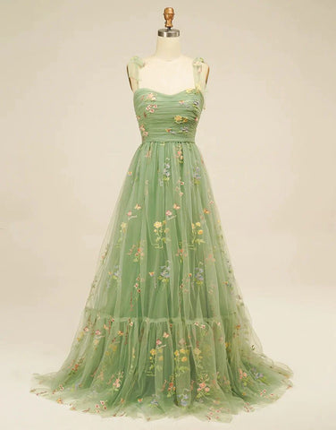Embroidery Tulle Green Sweetheart A Line Prom Dress
