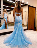 Blue Mermaid Cut Out Prom Dress With Appliques