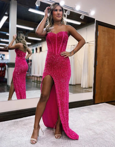 Sequin Strapless Pink Sparkle Prom Dress With Split