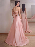 Halter Beading Backless Pink Satin Prom Dress