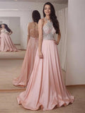 Halter Beading Backless Pink Satin Prom Dress