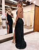 Black Sequin Backless Sparkle Prom Dress With Split