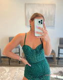 Sheath Spaghetti Straps Green Sequin Long Prom Dress