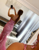 One Shoulder Sequin Pink Sheath Prom Dress With Split