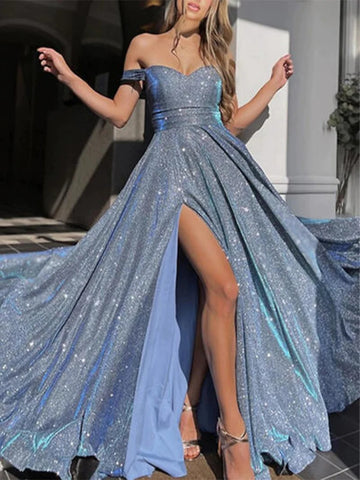 Off Shoulder Blue Sequin Slit Prom Dress