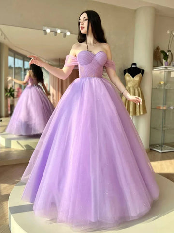 Purple Off The Shoulder Pleats A Line Tulle Prom Dress