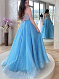 Sequin Tulle Lace Up  Light Blue Formal Prom Dress