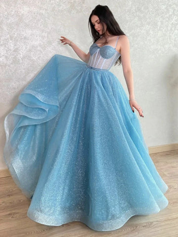 Sequin Tulle Lace Up  Light Blue Formal Prom Dress