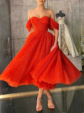 Red Off The Shoulder Sparkle Tulle A Line Prom Dress