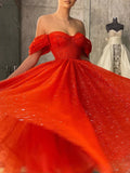 Red Off The Shoulder Sparkle Tulle A Line Prom Dress