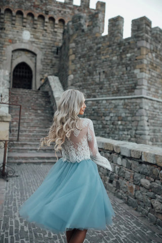 short blue wedding dress Blue Wedding Dress Short Tulle Vintage Bridal Dress Halter Backless Ball Gown Cocktail Dress Tea-length Party Dress Milanoo