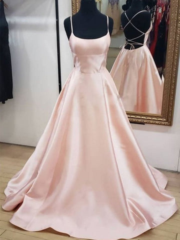 Simple Backless Spaghetti Straps Satin Pink Long Prom Dress