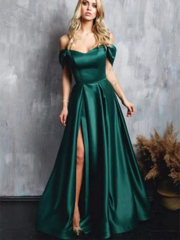 Dark Green Satin Off Shoulder  Prom Dress with Slit