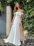 Off Shoulder White Satin Long Prom Dress With Slit