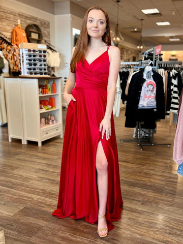 V Neck Red Satin Slit Long Prom Dress