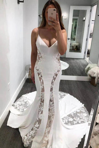 Spaghetti Straps Mermaid V-Neck Satin Lace Wedding Dress
