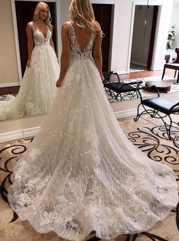A Line Deep V-Neck Sparkly Tulle Wedding Dress