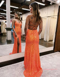 Sheath Column Sequin Long Orange Prom Dress With Slit
