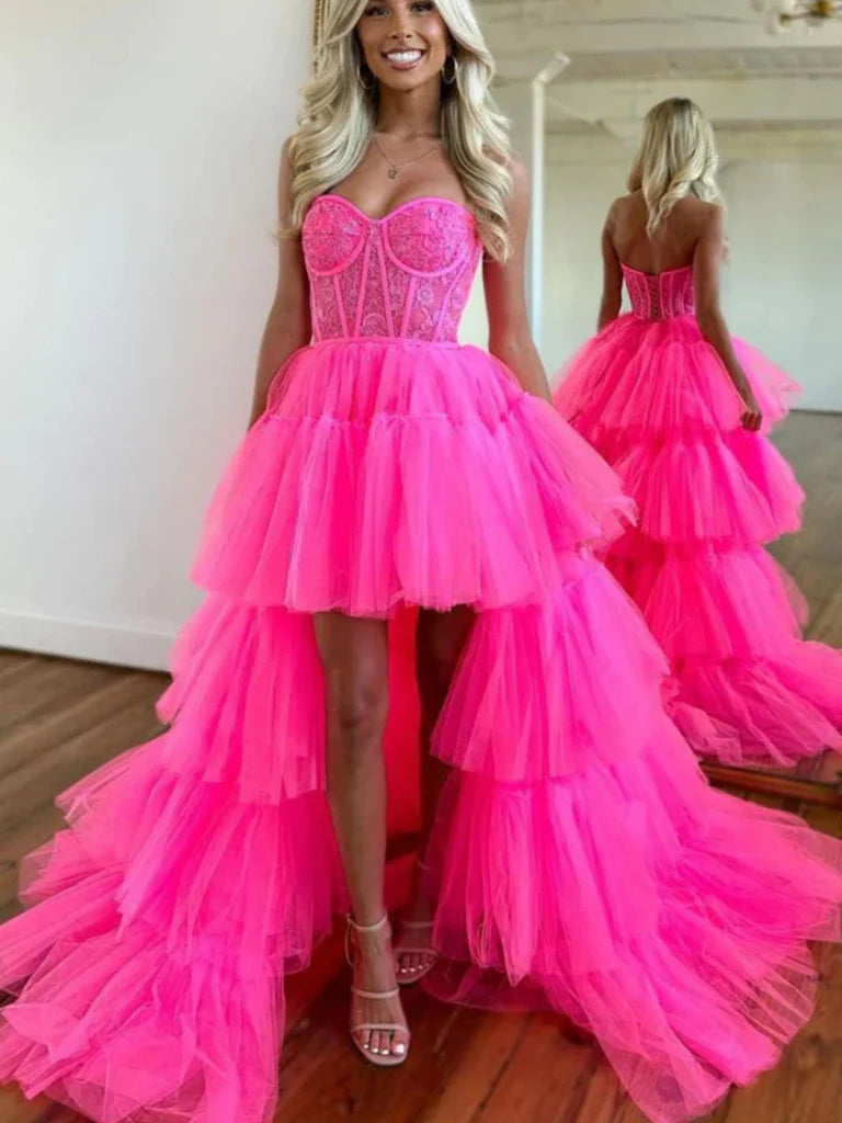 2023 Pink High Low Sexy Ruffles Tulle Prom Dress – Sassymyprom
