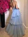 Light Blue Tulle Backless Bowknot A Line Prom Dress