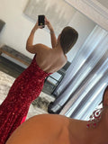Strapless Mermaid Red Slit Sequin Long Prom Dress