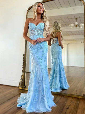 Blue Sweetheart Lace Trumpet Mermaid Prom Dress