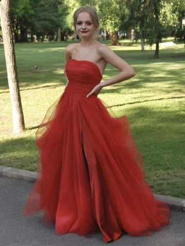 A LIine Strapless Red Tulle  Prom Dress With Slit